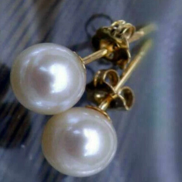 7-8mm Natural Akoya white round pearl 14K gold earrings FOOL'S DAY Party