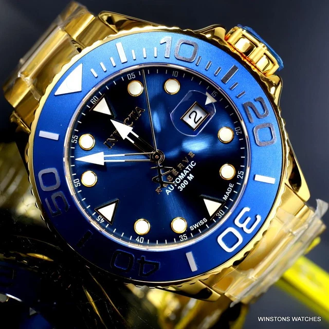Invicta Reserve Grand Diver Swiss Made Automatic Gold Plated 50mm Blue Watch New
