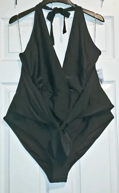 Forever 21+ Black One Piece Halter Tie Faux Wrap Front Swimsuit Size 3X NWT