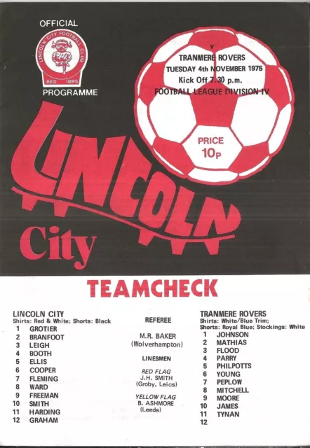 Football Programme LINCOLN CITY v TRANMERE ROVERS Nov 1975