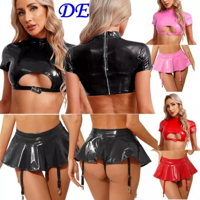 DE ranrann Damen Wetlook Dessous Set  Lackleder Crop Top +Minirock Nachtclub