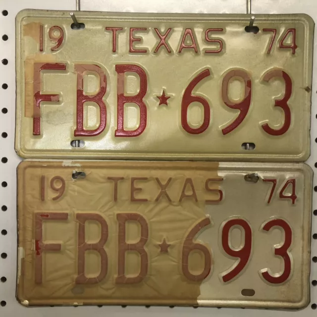 1974 Texas license plate pair FBB*693 EXPIRED Ford Chevy Dodge Vintage NOS