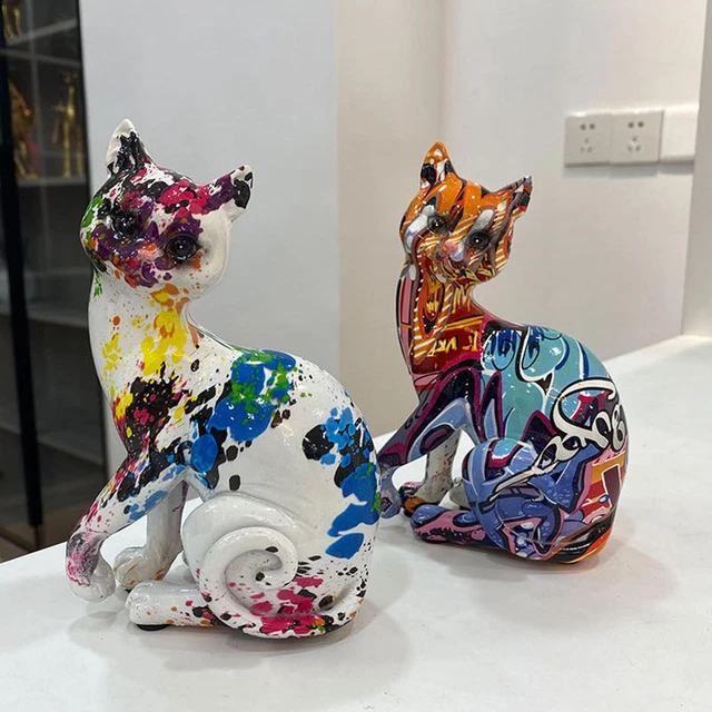 Resin Cat Statues Graffiti Ornament Figurines Craft Painted Abstract Home Decors