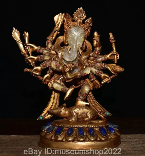 8.4 " Old Tibet Bronze Gilt Crystal Ganesh Ganesha Elephant God Buddha Statue