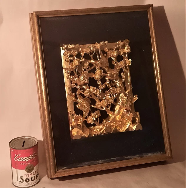 1700s-1800s chinese temple gold gilt wood carved door panel vtg bird flower art