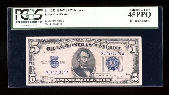 DBR $5 1934-C Silver  Fr. 1653W PA Block Wide Face PCGS 45 PPQ Serial P17971370A