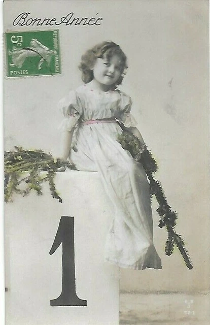 CPA Antique Postcard Pretty Girl with Tree Branches 1 Happy New Year