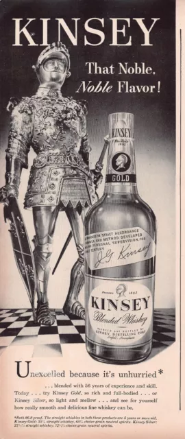 Kinsey Whiskey Armored Knight Medieval Gold Silver Mellow Vtg Print Ad 1948