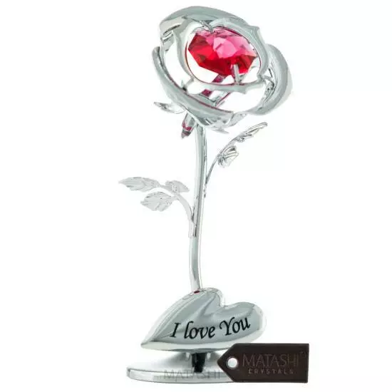 Matashi Single Chrome Plated Silver Rose Flower Tabletop Red Crystal Ornament