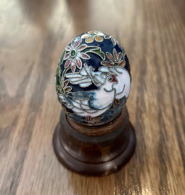 Vintage Cloisonné Egg Enamel Cobalt Blue White Birds Multicolor