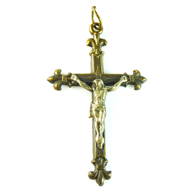 Antique Crucifix Cross Pendant Fleur de Lys Silvered Corpus over Brass