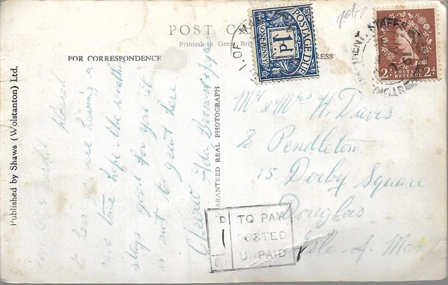 1d BLUE POSTAGE DUE +1d TO PAY CACHET ON 1961 QEII 2d BROWN POSTCARD REF 2054