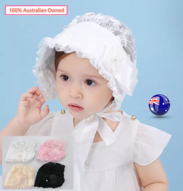 Baby Shower Retro Infant Girls Christening Lace Sun hat beanie cap Bonnet strap