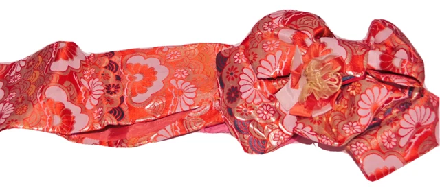 Japanese Kimono Pre Tied Ribbon Tsukuri Obi Girls Woven Umi Kiku Red Gold Japan