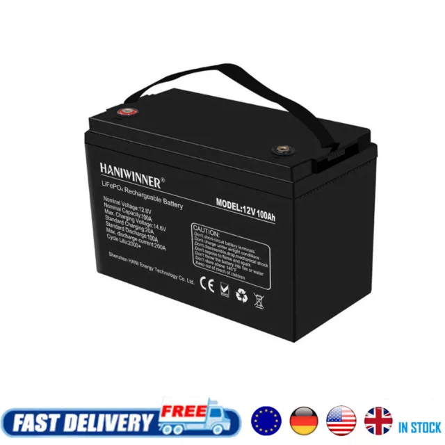 LiFePO4 Battery 12V 100Ah with Built-in 100A BMS, Perfect for RV, Solar, Marine