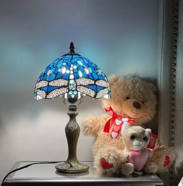 Tiffany Style Table Lamp Sea Blue Stained Glass Dragonfly Accent Lamp 18" Tall
