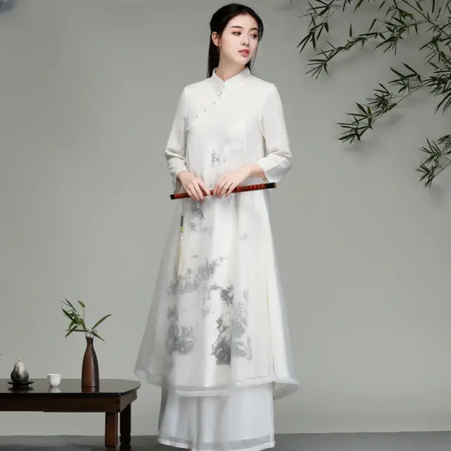 Chinese Style Zen Dress White Suit Female Spring Autumn Long Sleeve Vintage