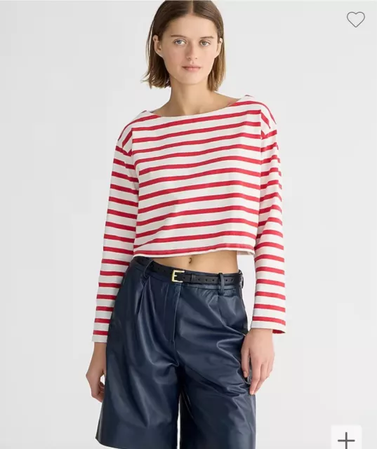 J. Crew Pink/White Striped Cropped Boatneck T-shirt In Mariner Cotton Size S