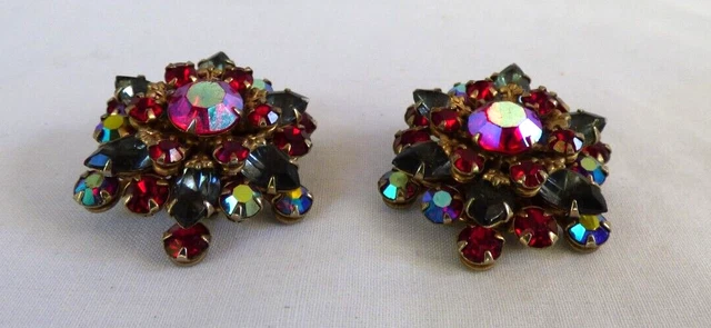 Vtg Pair of Red AB Rhinestone EARRINGS Silver Tone Clusters Clip On