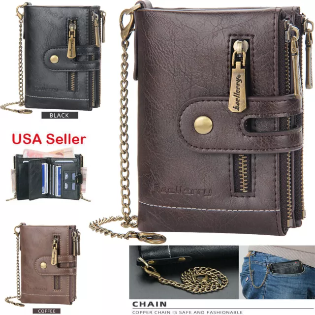 Mens Wallet Genuine Leather RFID Bifold with Chain and Double Zipper Coin Pocket