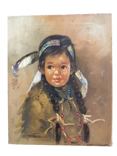 Native American Art  Original Oil Painting On Canvas Indian Child Portrait VTG 2