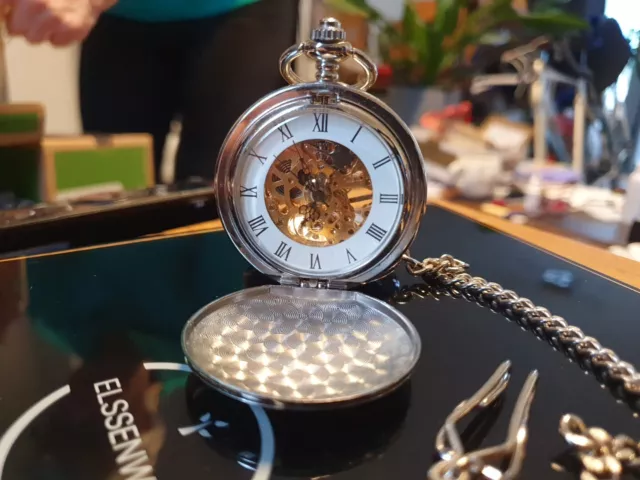 Unmarked Full Hunter Pocket Watch And Chain Silver Colour