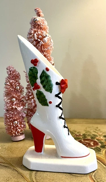 Vtg Napco Japan Ceramic Tall Victorian Lady Heel-Shoe/Boot Xmas Holly Vase S485A