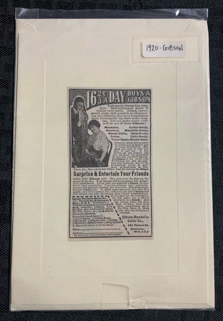 1920 GIBSON MANDOLIN & GUITAR CO. 2.25x4" Print Ad on Note Card FN 6.0 Kalamazoo 1920 GIBSON MANDOLIN & GUITAR CO. 2.25x4" Print Ad on Note Card FN 6.0 Kalamazoo