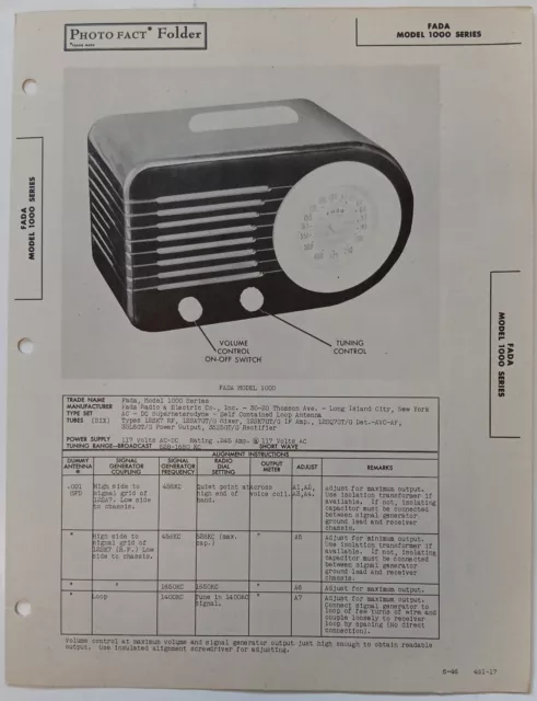 Photo Fact Data 1946 Fada Model 1000 Series Broadcast Radios.