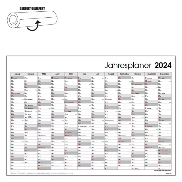 2024 XXL Wandkalender Wandplaner Jahresplaner Kalender DIN A1 GEROLLT Grau