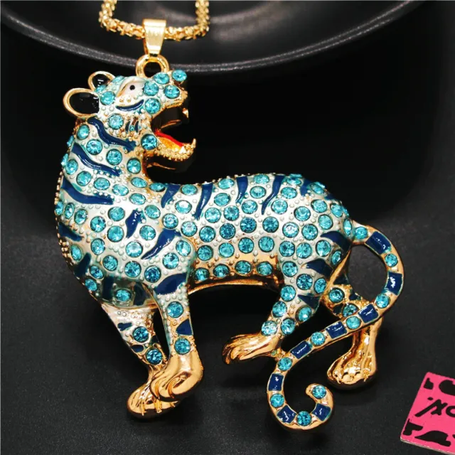 New Betsey Johnson Blue Rhinestone Animal Tiger Crystal Pendant Chain Necklace