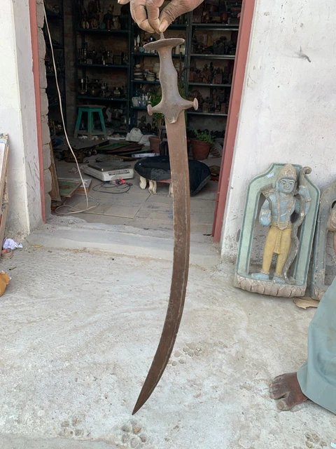 18th C Antique Mughal Period Rajput Hand Forged Solid Iron Sword Katar Talwar
