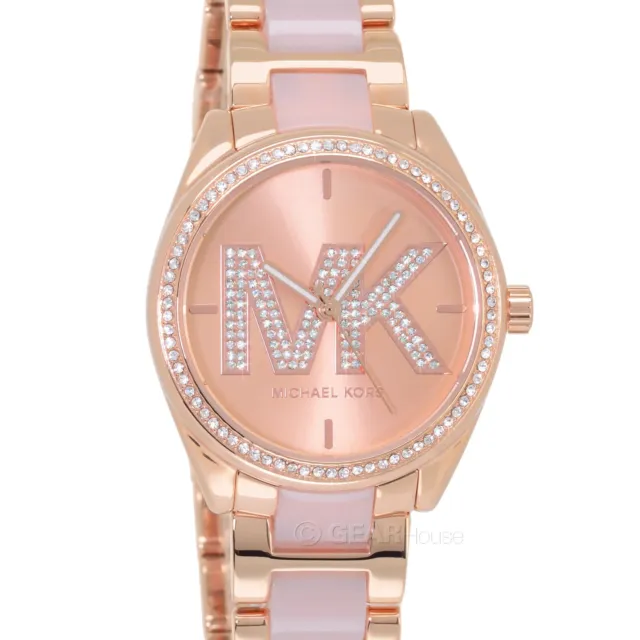 Michael Kors Janelle Womens Pave Glitz Watch, MK Logo Dial, Rose Gold Pink Band