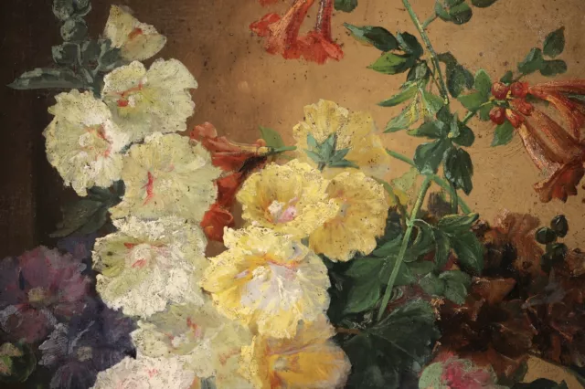 19TH CENTURY HUGE FRENCH OIL ON CANVAS - FLOWERS IN A VASE ON TABLE c. 1880 2