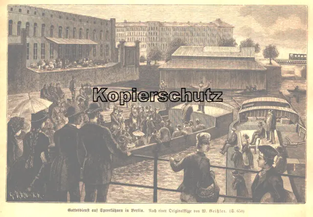 "Gottesdienst auf Spreekähnen in Berlin" Original Holzstich von 1886