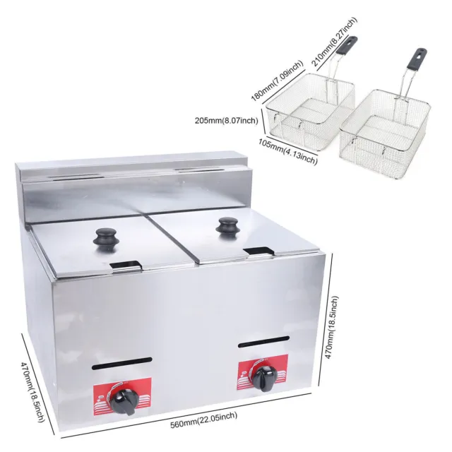Commercial Countertop Gas Fryer 2 Baskets Gas Fryer Stainless Steel Kitchen 12L