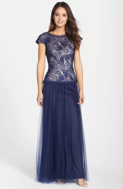 NWOT  navy petal  Tadashi Shoji Soutache & Tulle Cap Sleeve Gown size 12