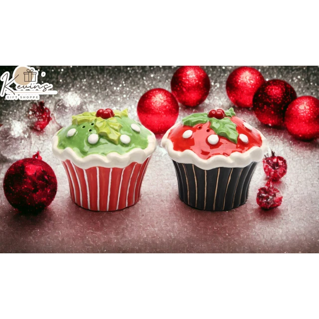 Hand Painted Ceramic Christmas Holly Cupcake Salt And Pepper Shakers