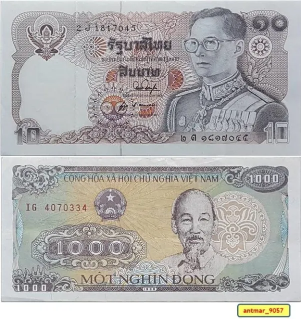 LOT 2 Billets = Viet Nam 1000 Dong 1988 + Thaïlande - 10 Baht - Roi Rama 1980