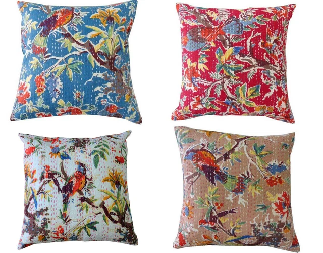 Indian Handmade Kantha Stitch Cushion Cover Bird Pattern Pillow Case Ethnic 16"