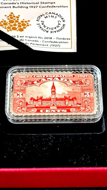 2018 $20.9999Pure Silver Coin Parliament Building 1927Confederation Stamp Shaped