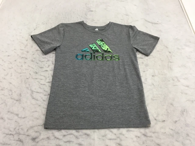 Adidas T Shirt Youth M Medium 10-12 Gray Graphic Print Spell Out Logo Short Slv