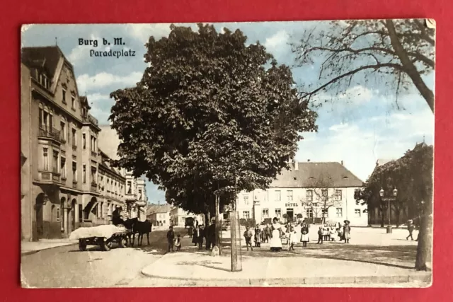 AK BURG bei Magdeburg um 1910 Paradeplatz mit Pferdefuhrwerk und Kindern ( 79077