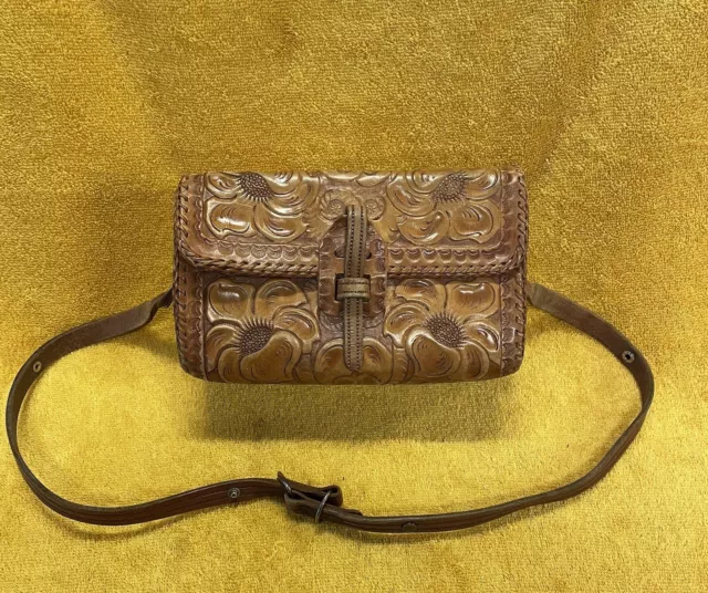 Vintage Handmade Tooled Floral leather Shoulder Bag Handcrafted Western Style