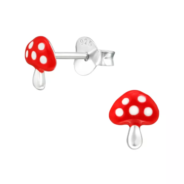 925 Sterling Silver Cute Mushroom Red White Dots Kids Girls Women Stud Earrings