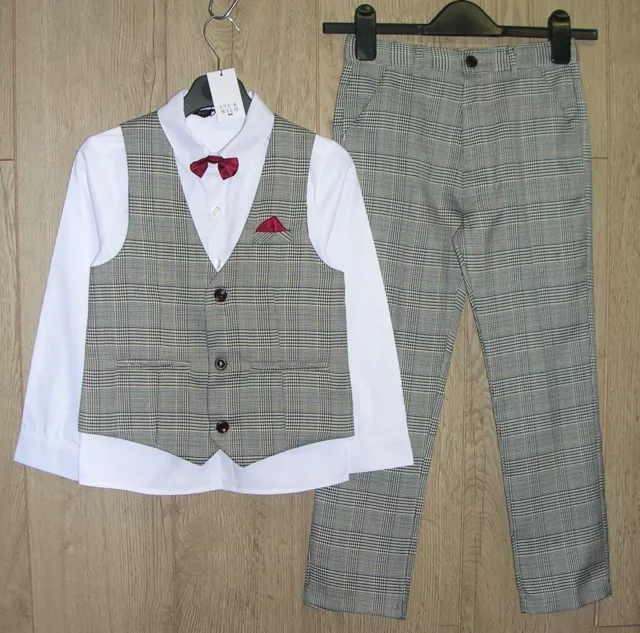 Eve & Milo Boys New Shirt Dickie Bow Grey Trousers Suit Age 3-4 Wedding Occasion