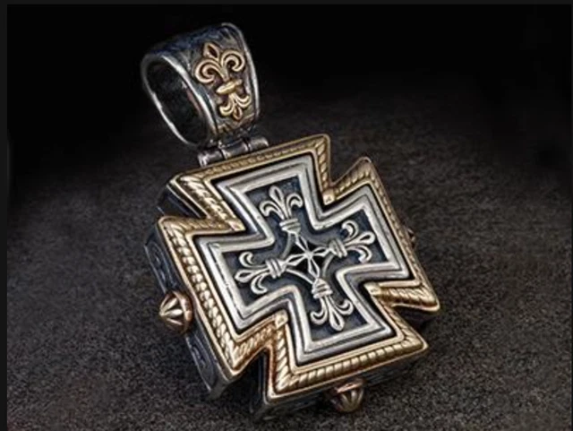 Konstantino Men's Maltese Cross Fleur-de-Lis Pendant Necklace Sterling 18K 22"