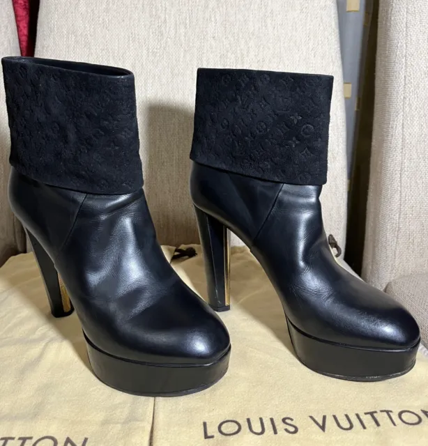 Louis Vuitton Art Deco Suede & Leather Heel Ankle Boots Black, sz 37.5, Preowned