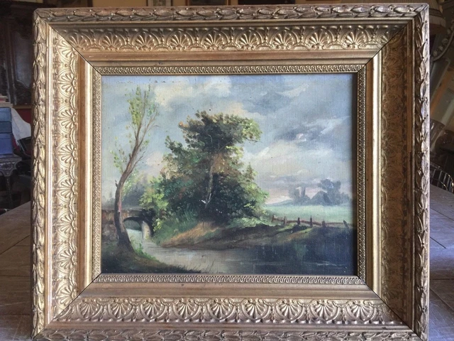 Huile sur toile paysage avec pont, epoque 1900 -
