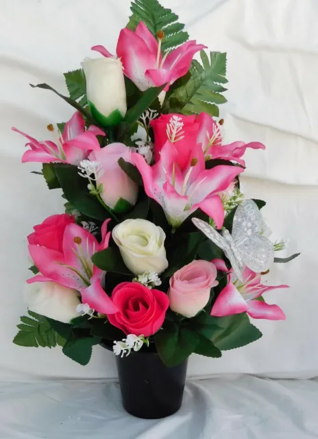 Artificial Silk Flowers 2 x Tall Grave/Crem Pot Pink Rose Lily Memorial Mum Nan